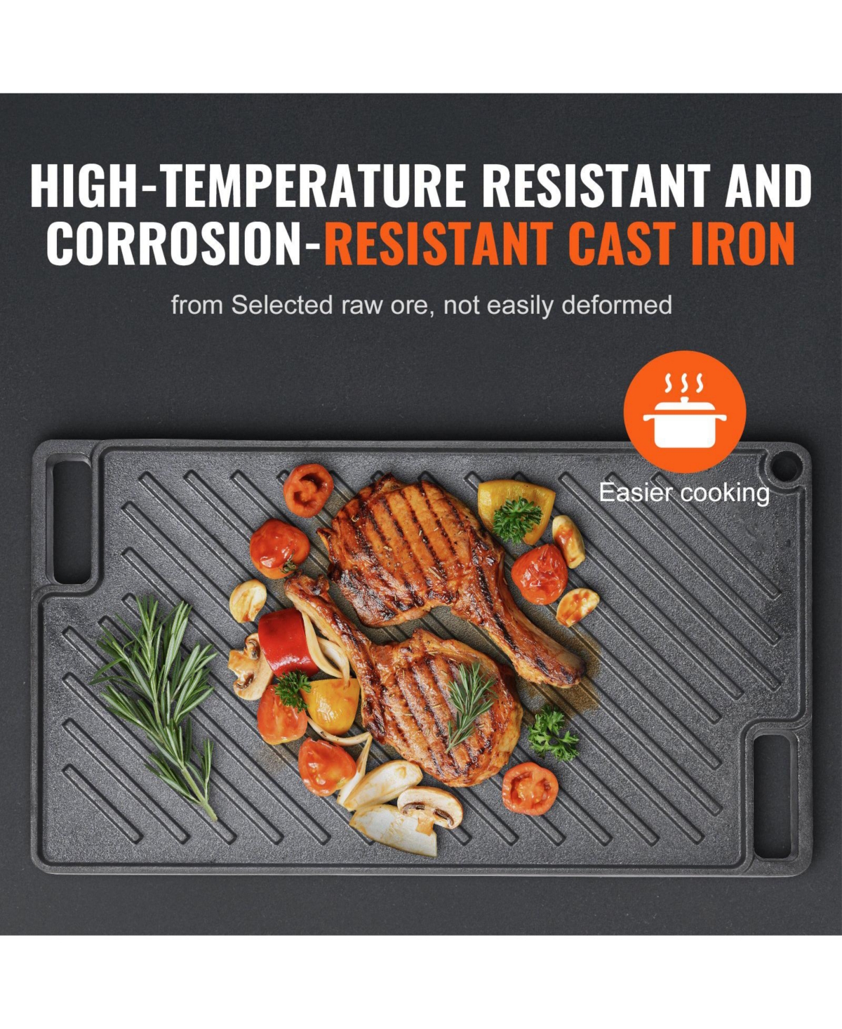 Cozito Reversible Grill/Griddle, 16.7 x 9.7 inches Pre-Seasoned Cast Iron Pan with Handles