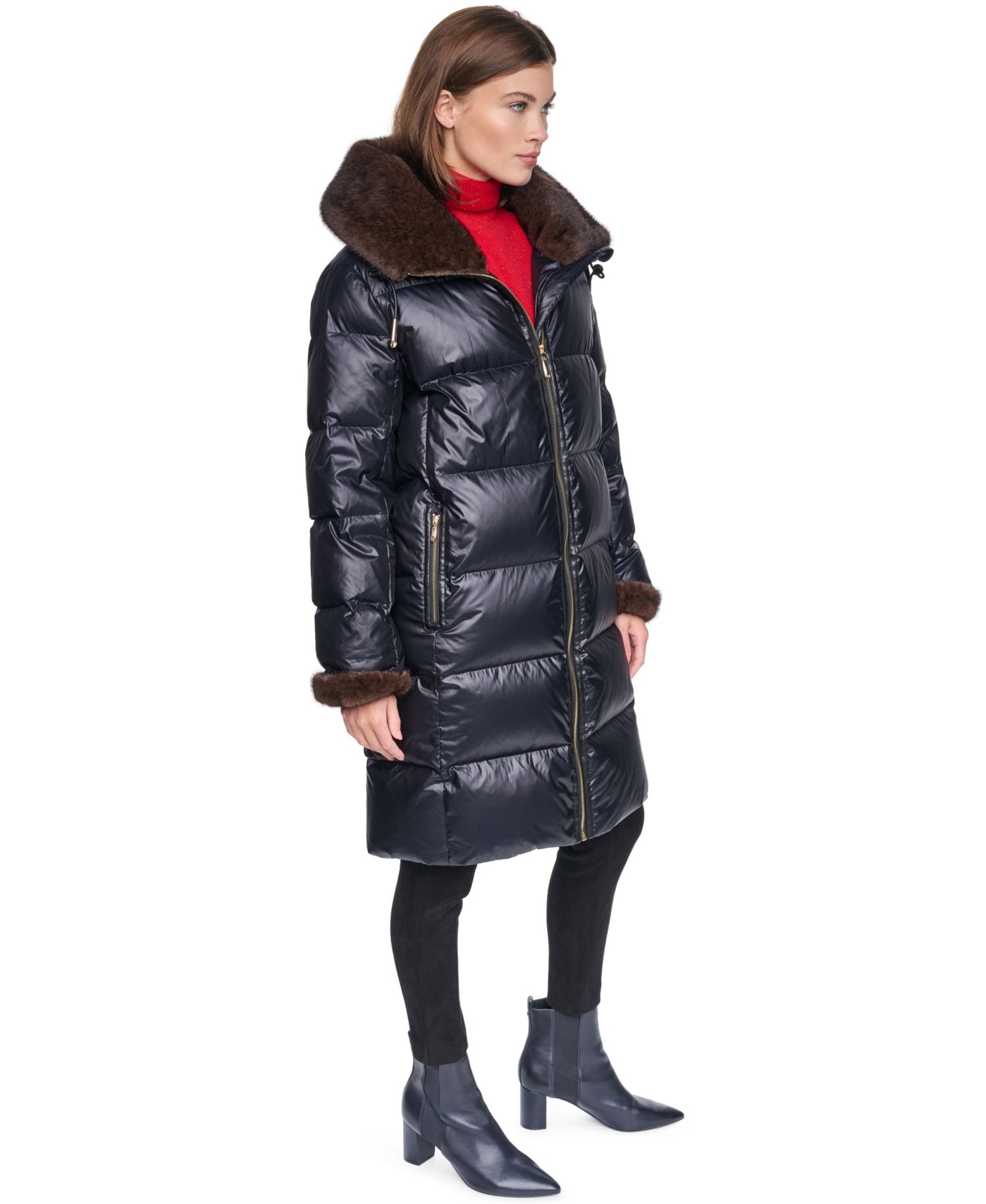 Women's Long Faux Fur Cuff and Collared Puffer