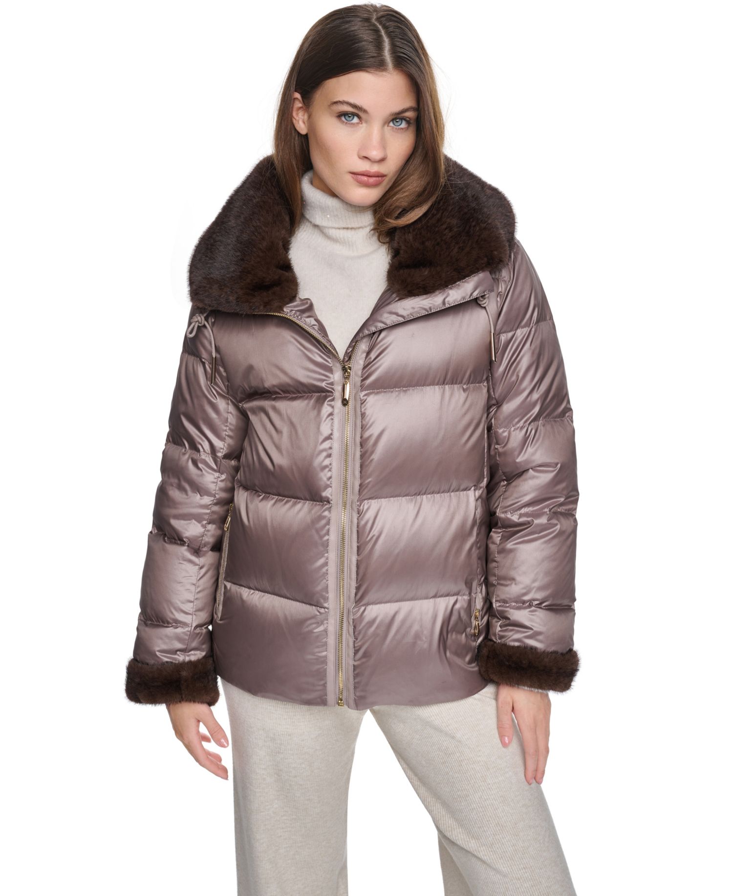 Women's Short Faux Fur Cuffs and Collar Puffer