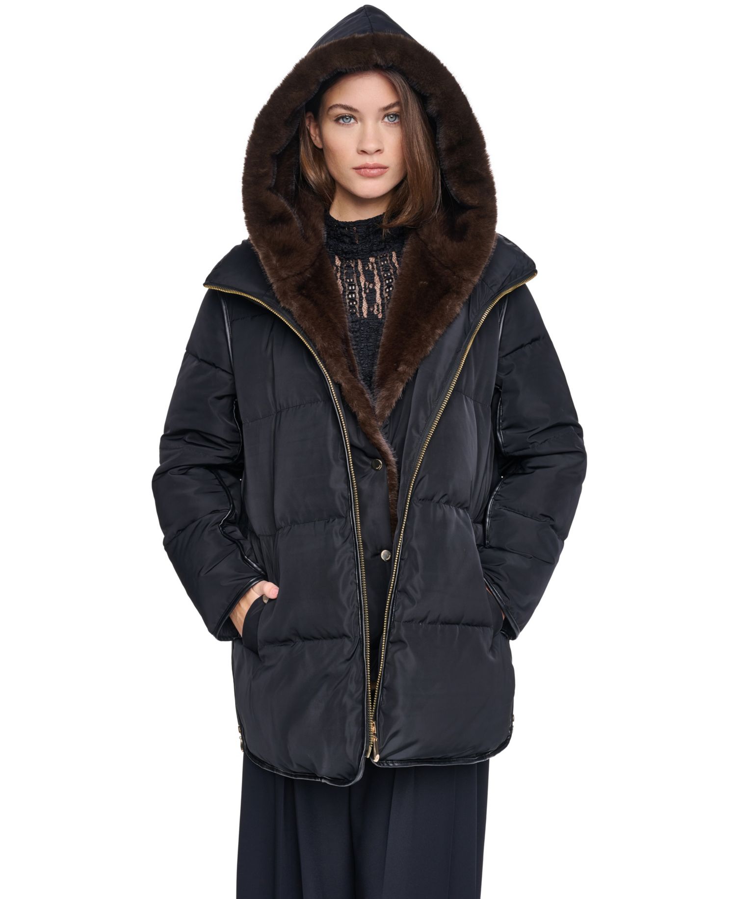 Women's Faux Fur Bibbed Hooded Puffer