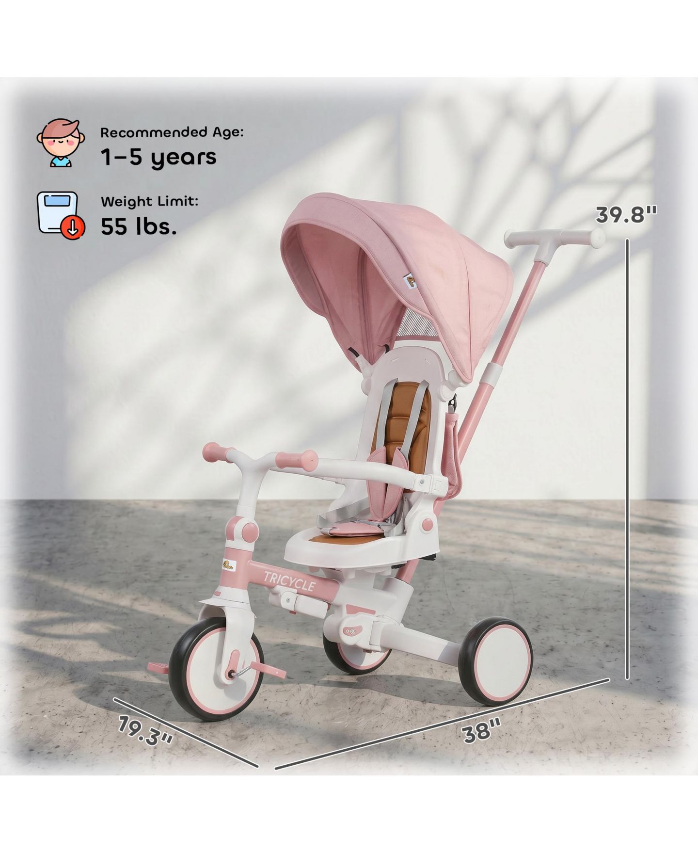 Детская игрушка Qaba 7-In-1 Tricycle Stroller with Adjustable Push Handle, Ages 1-5 Years, цвет: Розовый — фото 3