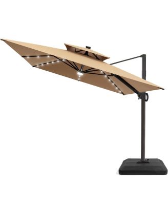 Outdoor Patio 9x11FT Aluminum Double Canopy Solar Lights Cantilever Umbrella with Base