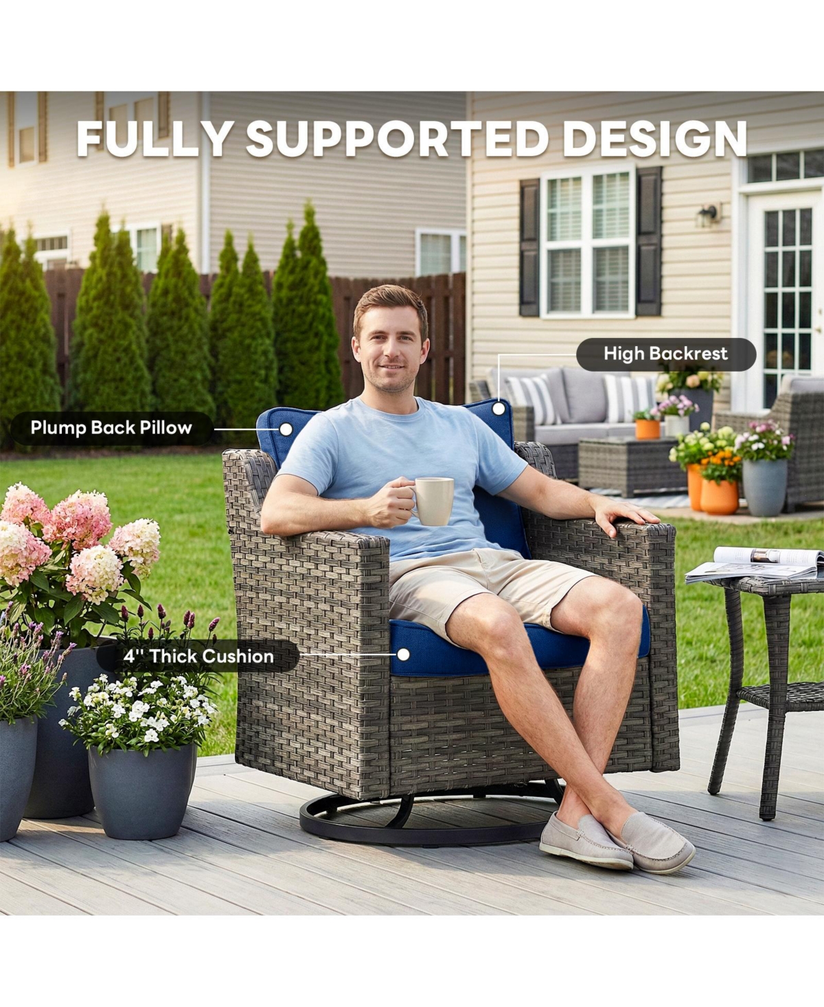 Pocassy 6 Pieces Patio Furniture Set, Outdoor Couch with Swivel Rocking Chair, Thick Cushion