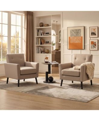 Set of 2 Mid-Century Accent Chair, Button Tufted Armchair with Wood Legs Accent Chairs for Living Room, Office, Bedroom, Cafe, Reading Spaces