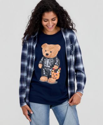 Juniors' Skeleton Bear Graphic-Print T-Shirt