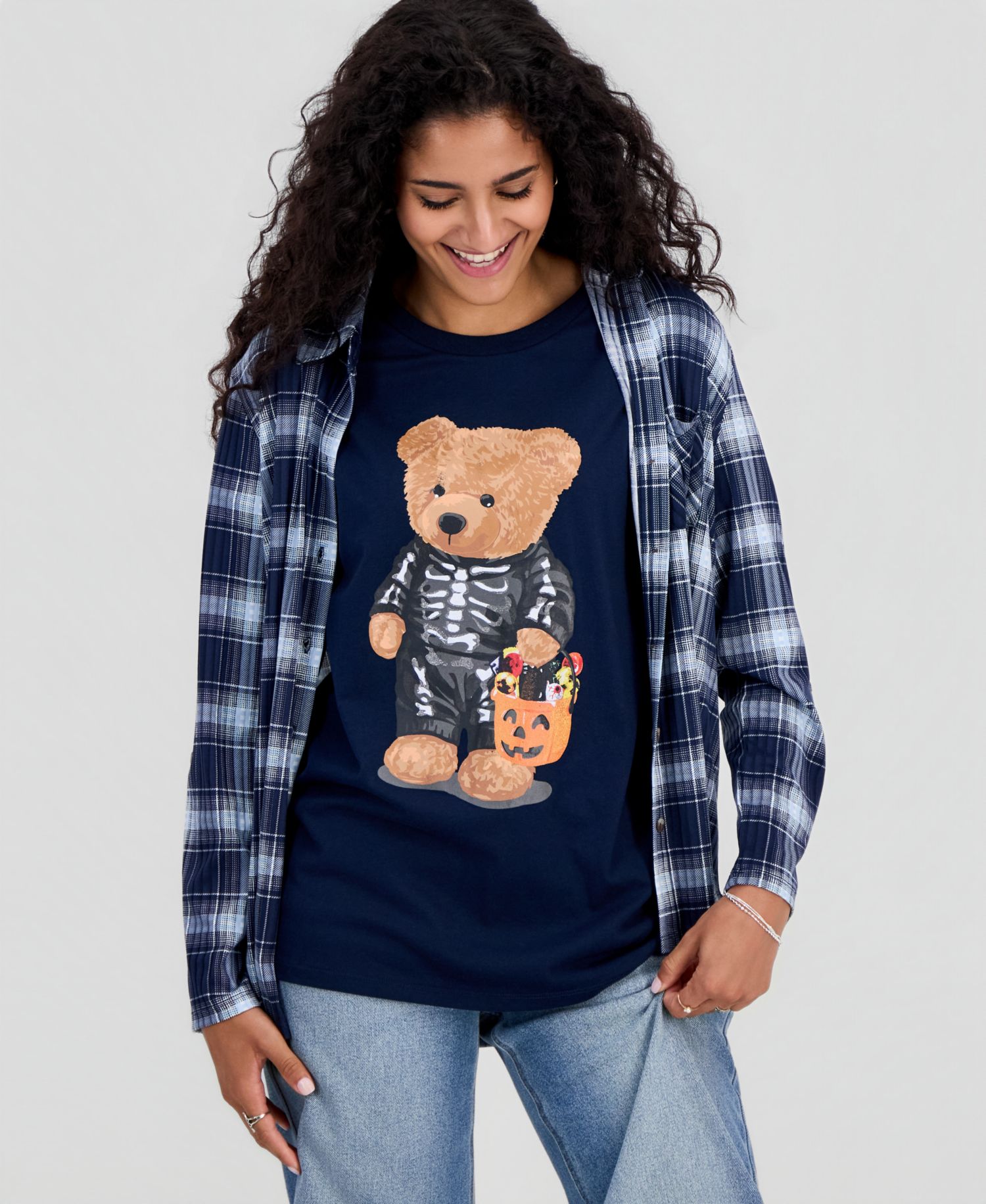 Juniors' Skeleton Bear Graphic-Print T-Shirt