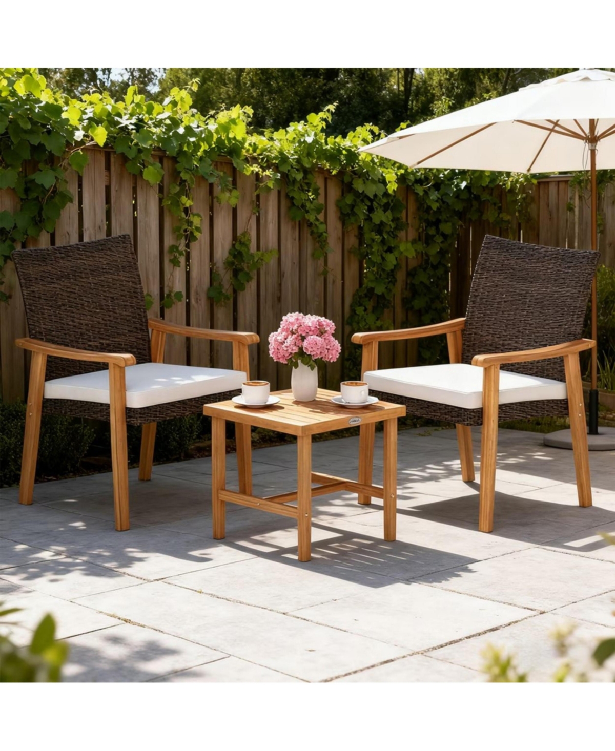 Yiortwo Patio Rattan Furniture Set Acacia Wood Bistro Chairs with Cushions