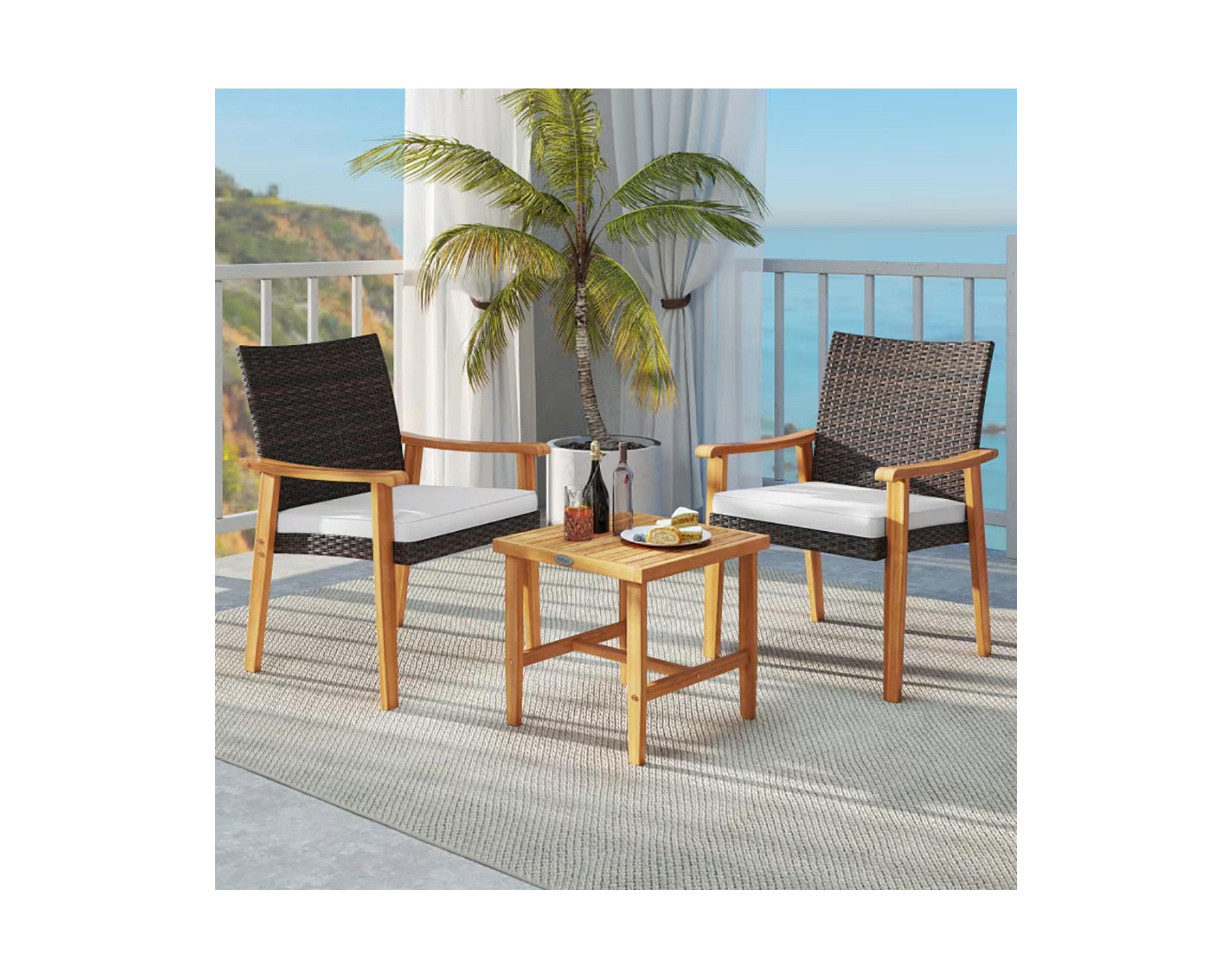 Yiortwo Patio Rattan Furniture Set Acacia Wood Bistro Chairs with Cushions