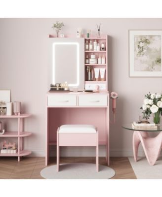 Vanity Set with LED Mirror and Charging Station, 2 Drawers, Cushioned Stool, for Bedroom