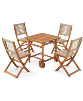 5 Piece Outdoor Patio Dining Set, Acacia Wood Outdoor Table and Chairs with Wheels