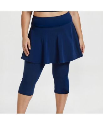 Plus Size Chlorine Resistant High Waisted Flared Swim Skort With Attached Capri Leggings