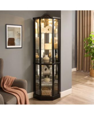 Lighted Glass Display Cabinet Corner Curio Cabinet with Adjustable Shelves Carved
