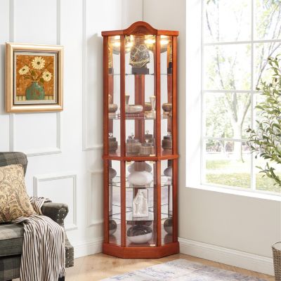 Lighted Glass Display Cabinet Corner Curio Cabinet with Adjustable Shelves Carved