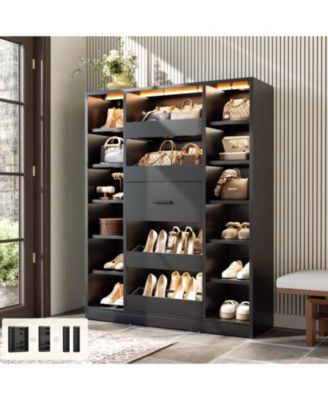 Wooden Shoes Cabinet with Led Lights, Freestanding Closet Organizer with Drawer and Shelves