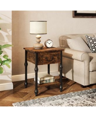 Industrial End Table with Drawer and 2 Tiers, Retro Brown Nightstand for Bedroom Living Room