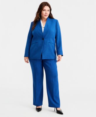 Plus Size Collarless One-Button Blazer & L-Pocket Straight Pants