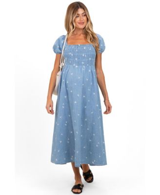 Women's Chambray Embroidered Smocked Midi Dress