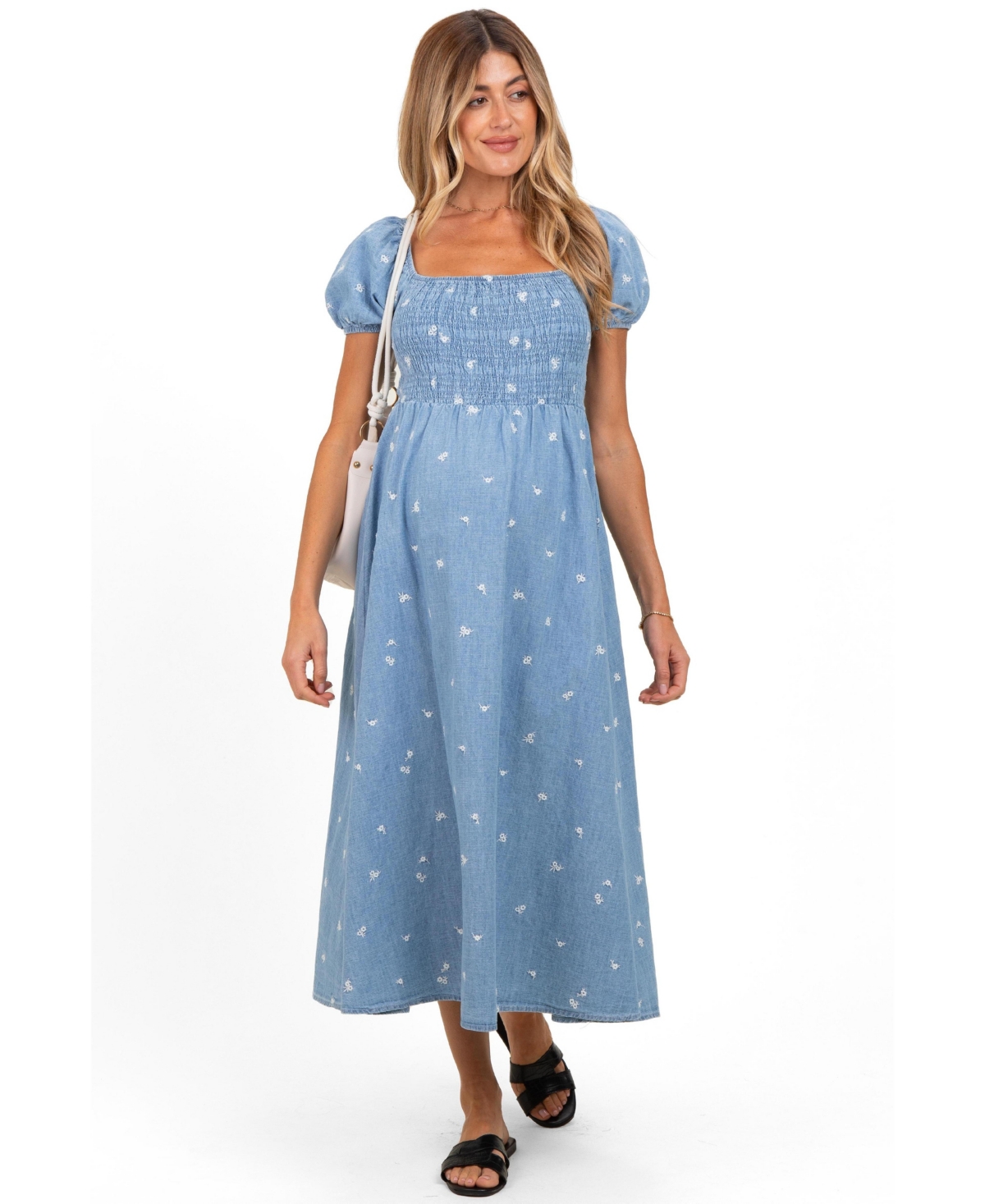 Pinkblush Maternity Chambray Embroidered Smocked Midi Dress