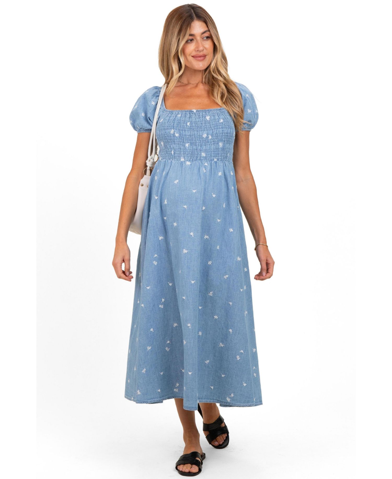 Women's Chambray Embroidered Smocked Midi Dress