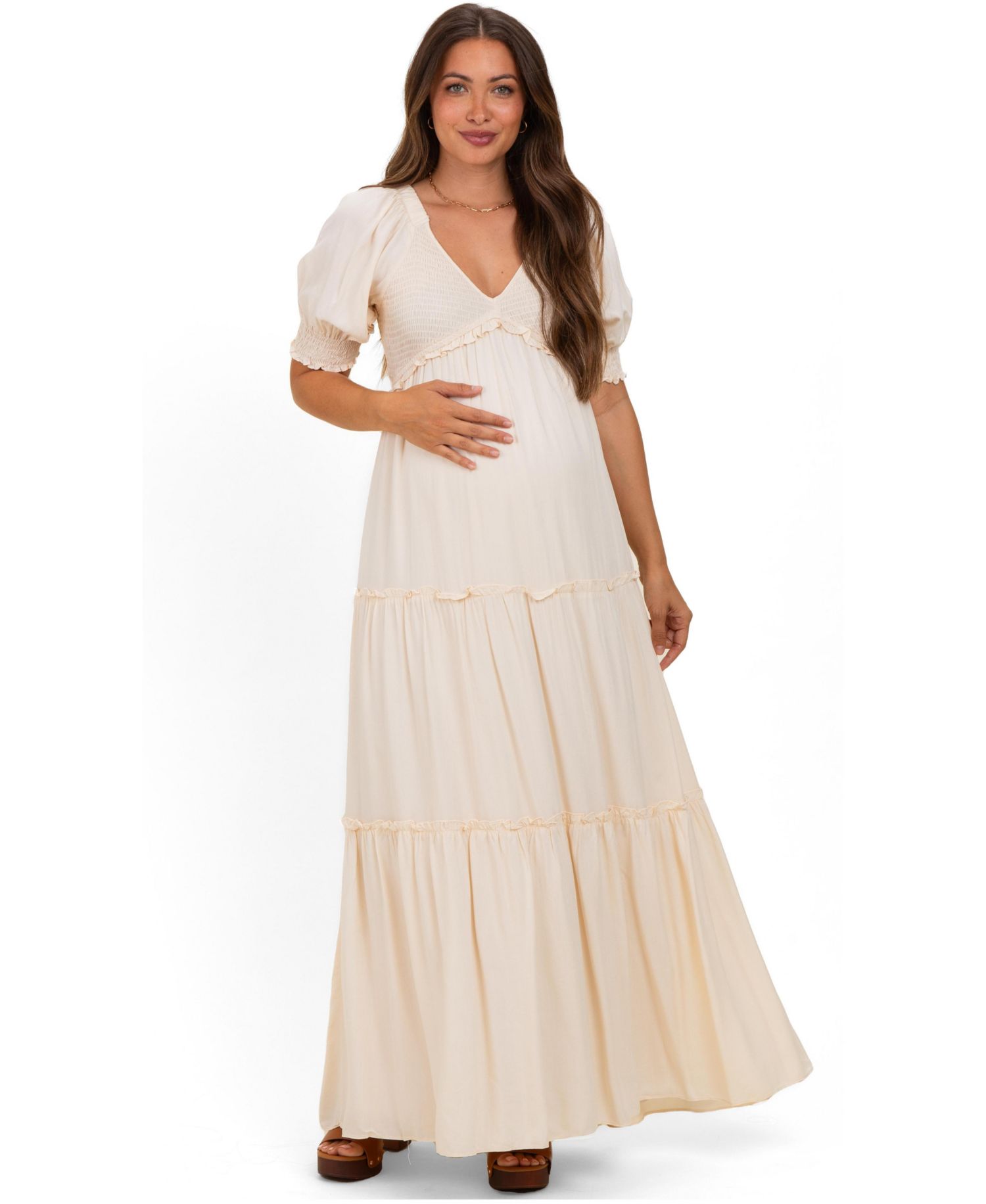 Women's Cream V-Neck Smocked Tiered Maxi Dresses