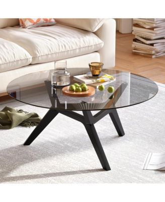 Minimalist Round Coffee Table with Tempered Glass and Geometric Legs