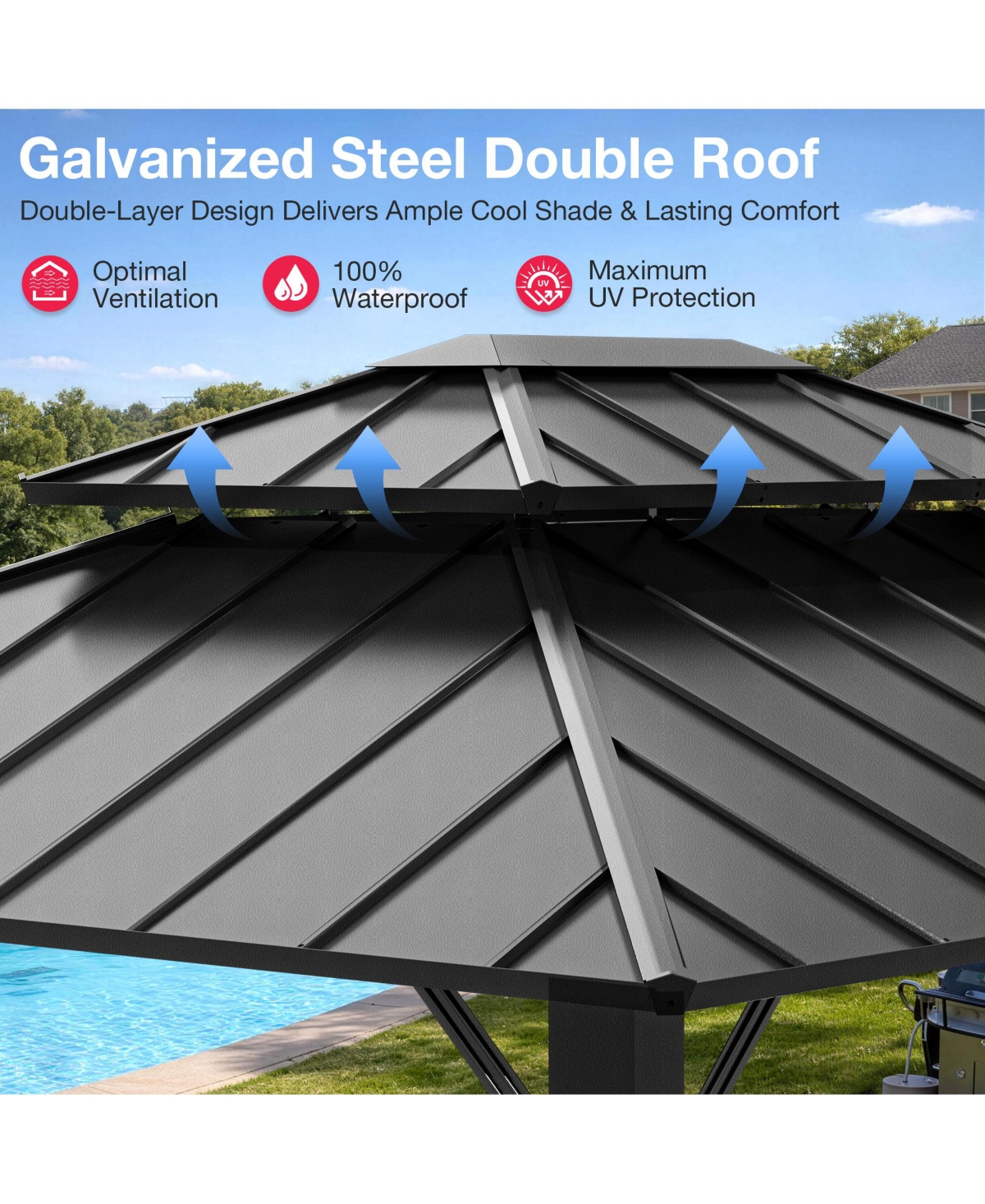 Pamapic Hardtop Gazebo, Galvanized Steel Double Roof Outdoor Pavilion with Breathable Netting and Privacy Curtain, Patio, Backyard