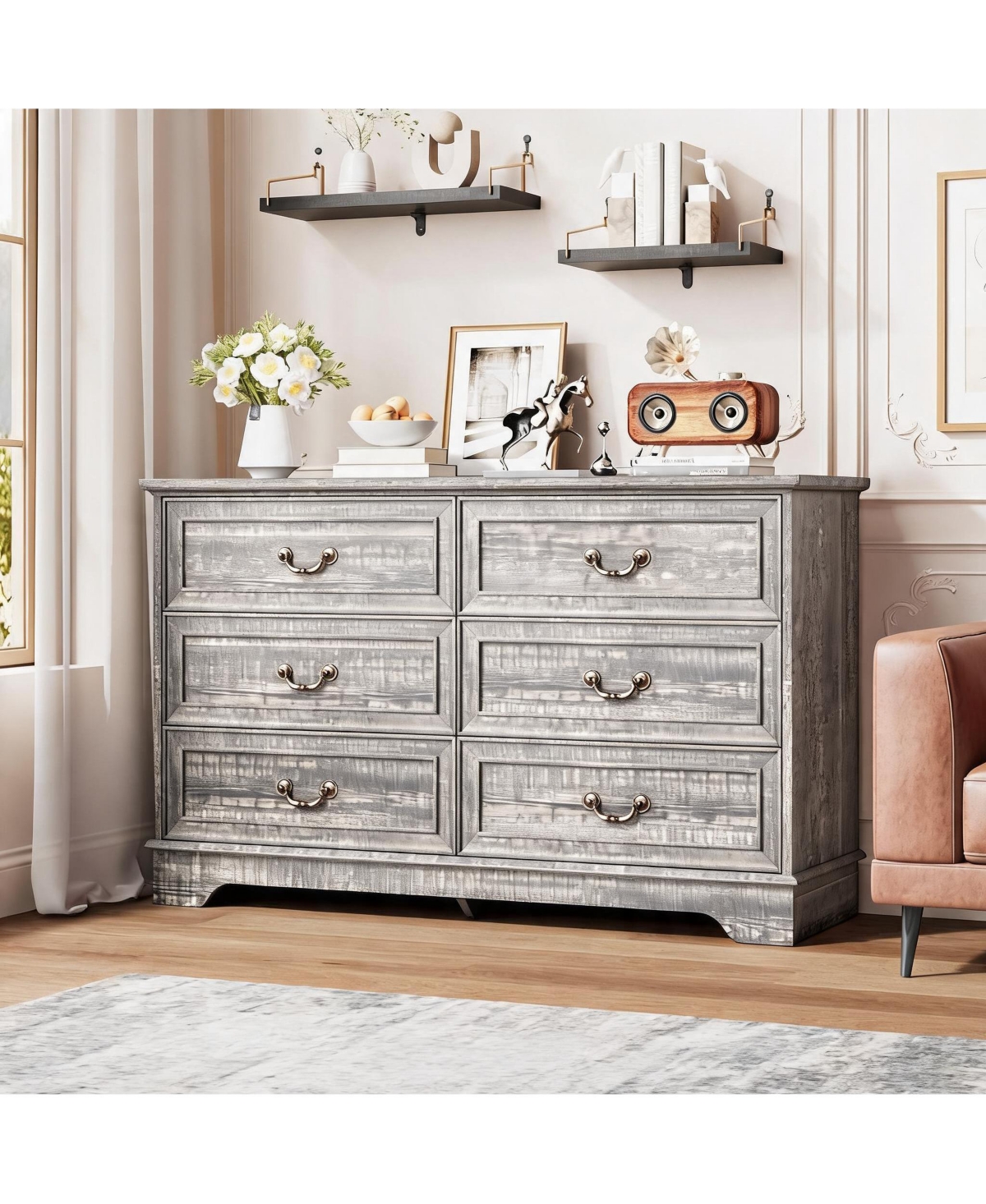 homfan 6-Drawer Double Chest of Drawers, Vintage Dresser for Bedroom Living Room Hallway Entryway - Grey