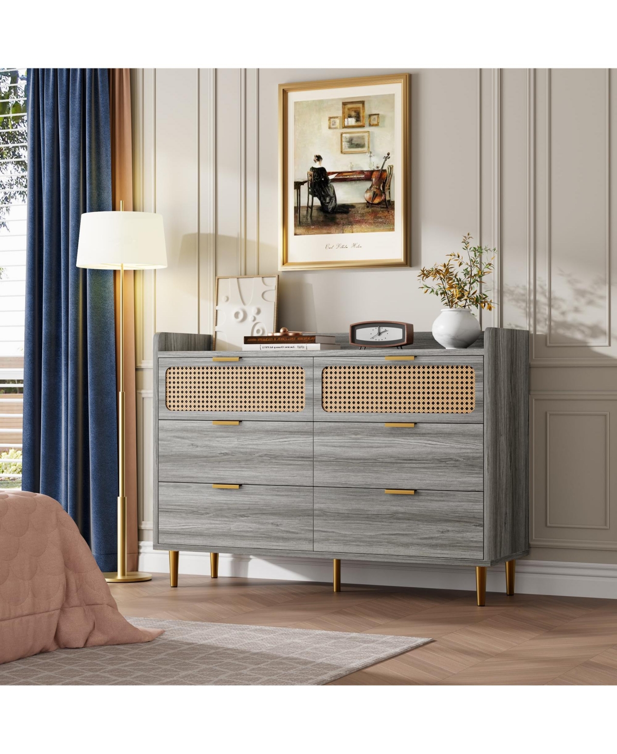 homfan 47" Wide Modern Chest of Drawers, 6 Drawer Double Dresser for Bedroom,Wooden Storage Rattan Dresser for Bedroom Living Room Hallway
