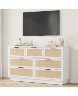7-Drawer Rattan Dresser with Integrated Legs, 55" Wide Boho Chest for Bedroom Hallway Entryway Closet
