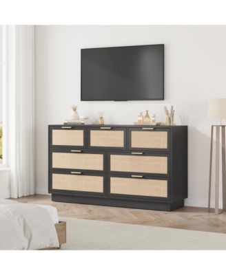 7-Drawer Rattan Dresser with Integrated Legs, 55" Wide Boho Chest for Bedroom Hallway Entryway Closet