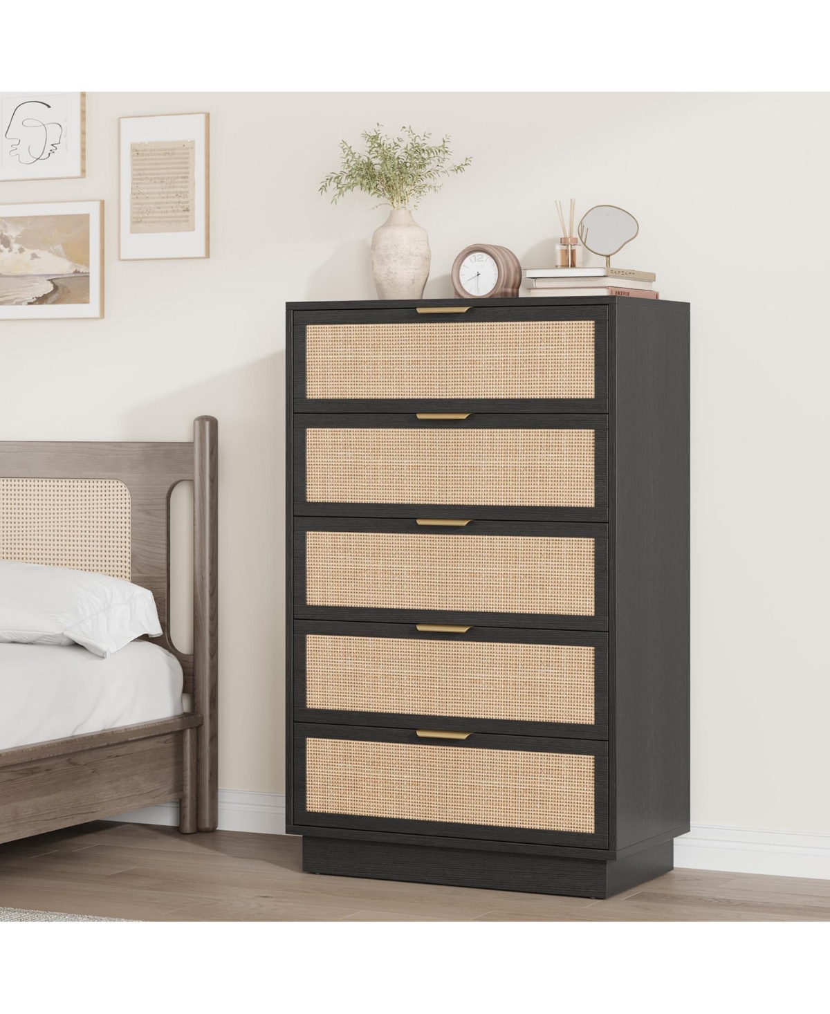 homfan 5-Drawer Tall Rattan Dresser with Integrated Legs, 47" Boho Chest for Bedroom Hallway Entryway Closet
