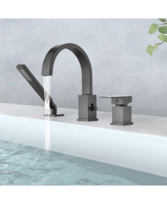 Waterfall Bathtub Faucet with Sprayer, 3-Hole Roman Tub Filler with Hand Shower Deck Mount Waterfall Tub Spout Set