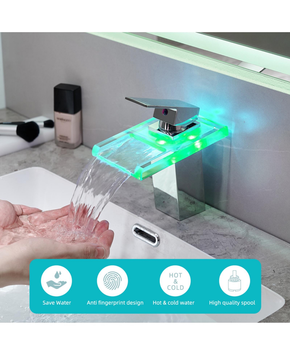 Phying Bathroom Sink Faucet Led Light 3 Colors Changing Waterfall Glass Spout Hot Cold Water Mixer Single Handle One Hole Deck Mounted Bathroom Faucet