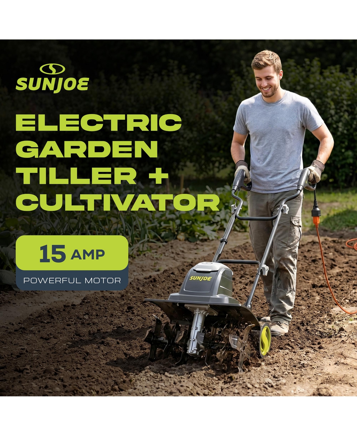 Sun Joe Electric Garden Tiller Cultivator, Steel Tines, 15 Amp, 15.7inch, TJ605E