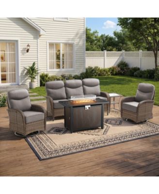 Patio Furniture Set with 6-inch Thick Cushion, Outdoor Furniture with Pit Table, Swivel Chairs, Side Table, Sofa, 5pcs Wicker Conversation Set
