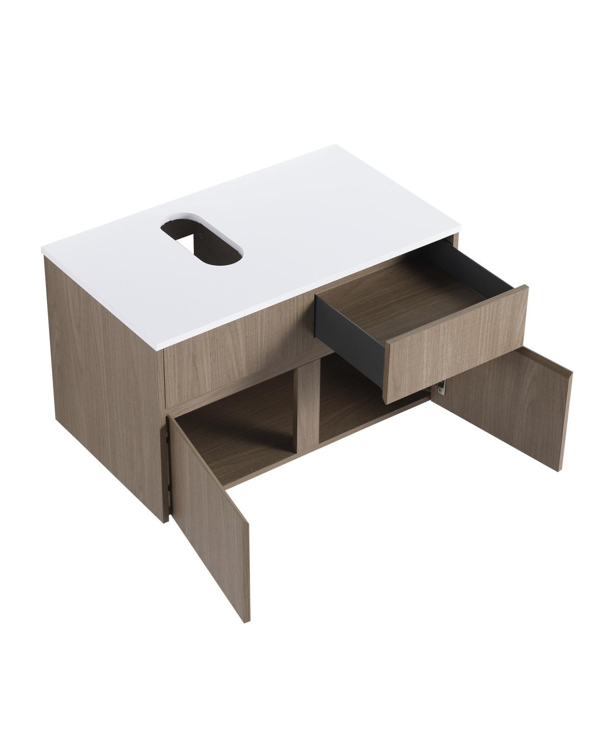Sillysis 31.5 Inch Wall Mounted Bathroom Vanity with Round Ceramic Sink, Storage Drawers and Wood Grain Finish for Modern Bathrooms