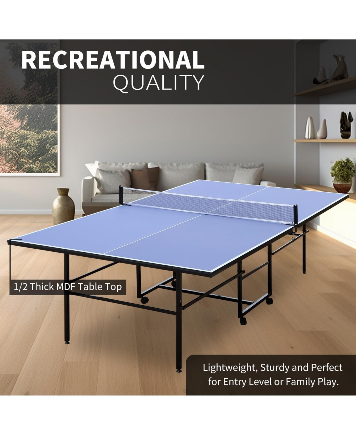 Xo 9FT Outdoor Table Tennis Table, Full Size Foldable Ping Pong Table with Wheels, Net and Playback Mode for Family Game