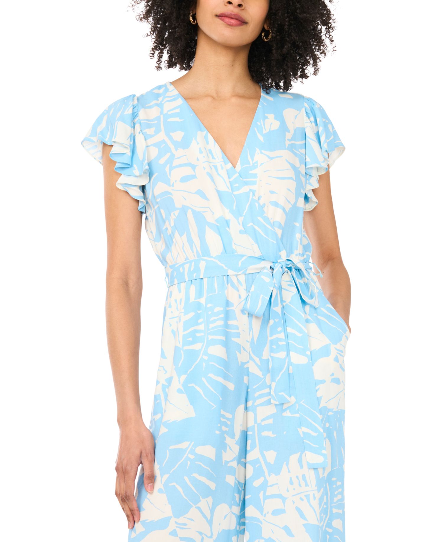 Women's Printed Tie-Waist Flutter-Sleeve V-Neck Jumpsuit