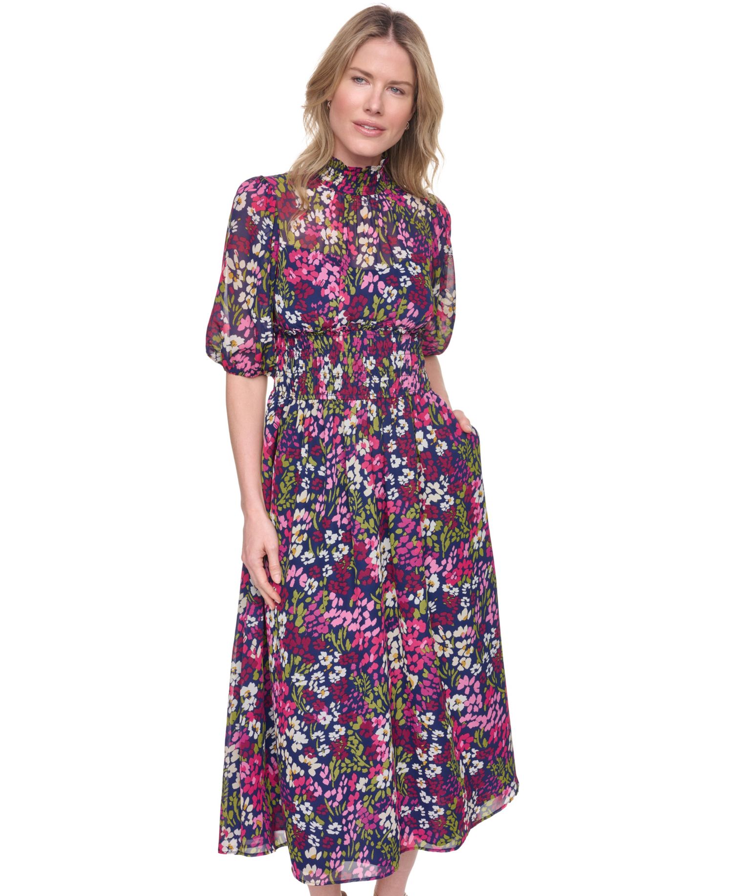 Women's Mock-Neck & Smocked Waist Maxi Dress