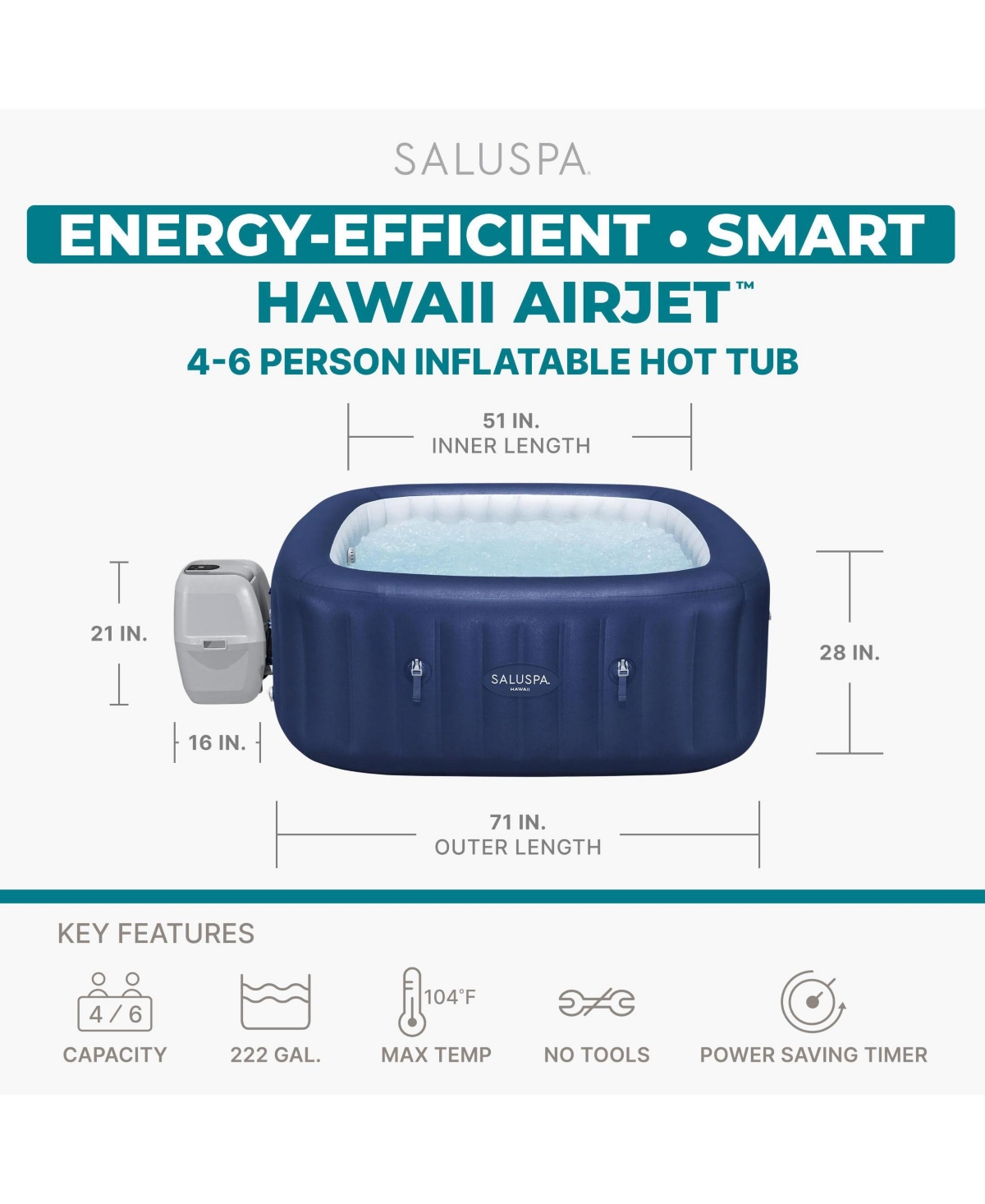 SaluSpa Hawaii Energy-Smart AirJet 4-6 Person Inflatable Hot Tub w/ App-Control