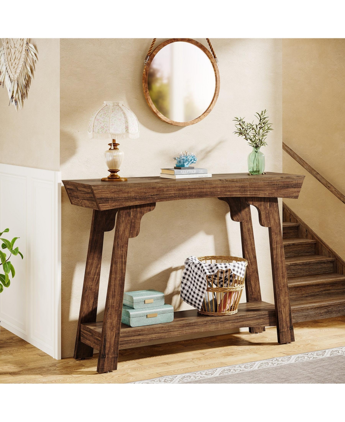 Slickblue Farmhouse 2-Tier Console Table with Storage Shelf