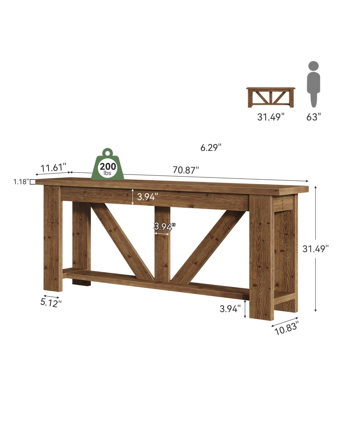 Slickblue 2-Tier Solid Wood Sofa Console Table with Storage for Behind Couch