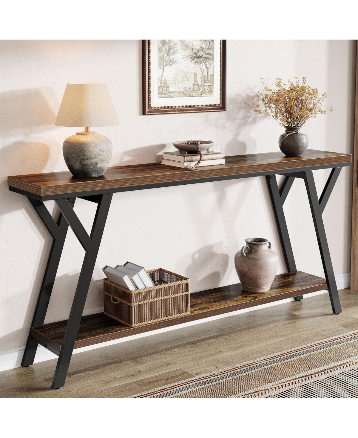 Slickblue Industrial Sofa Console Table with 2-Tier Storage Shelf for Entryway