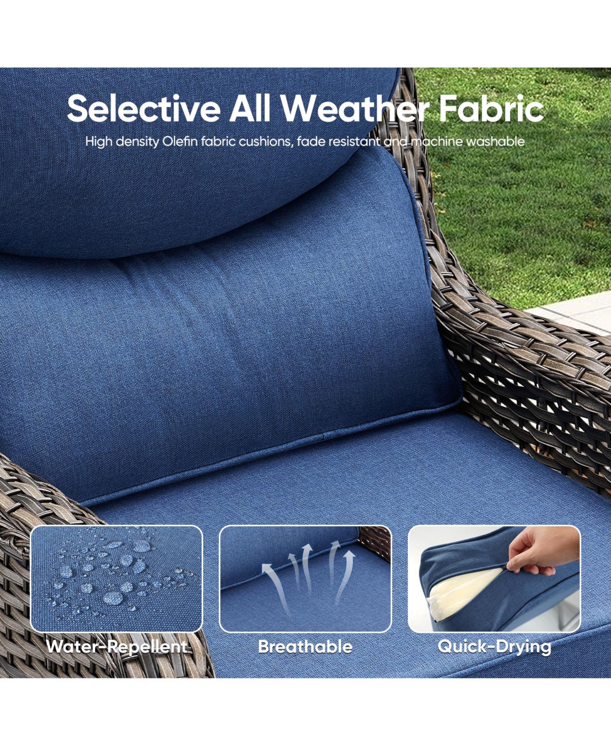 Pocassy 4 Pieces Patio Furniture Set with Fire Pit High Back Outdoor 5-inch Cushions Wicker Swivel Rocker Chairs