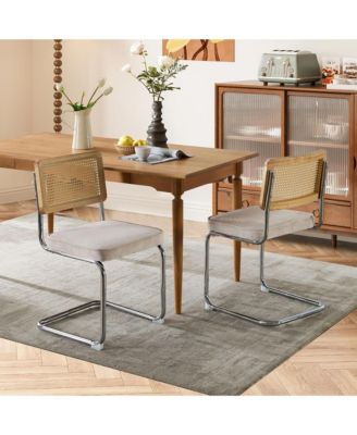 Dining Chairs Set of 2, Velvet Upholstered Kitchen Chairs with Rattan Cane Back and Stainless Chrome Base for Dining Room