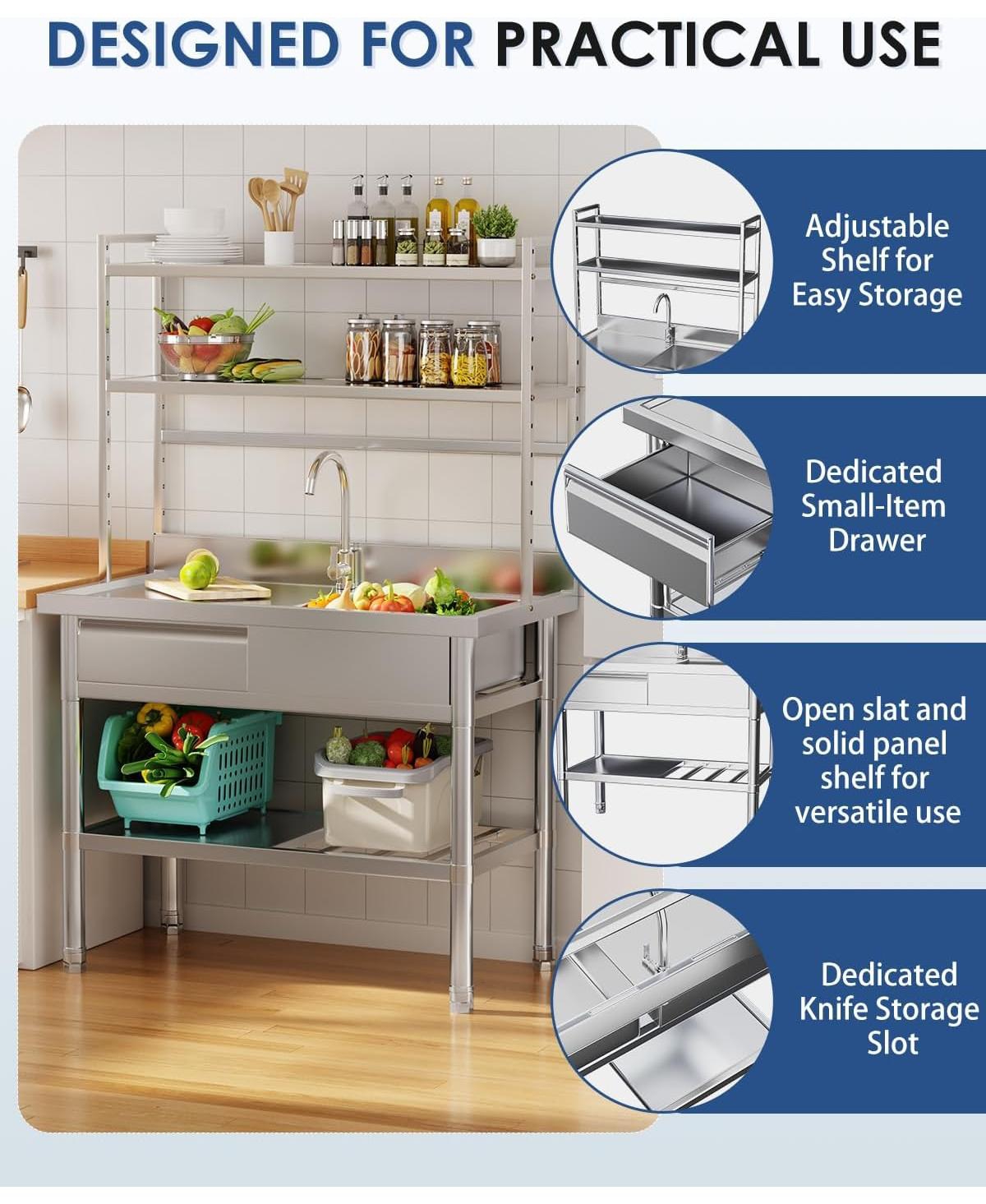 Aecojoy Stainless Steel Utility Sink with Shelves, Free Standing Single Bowl Commercial Kitchen Sinks