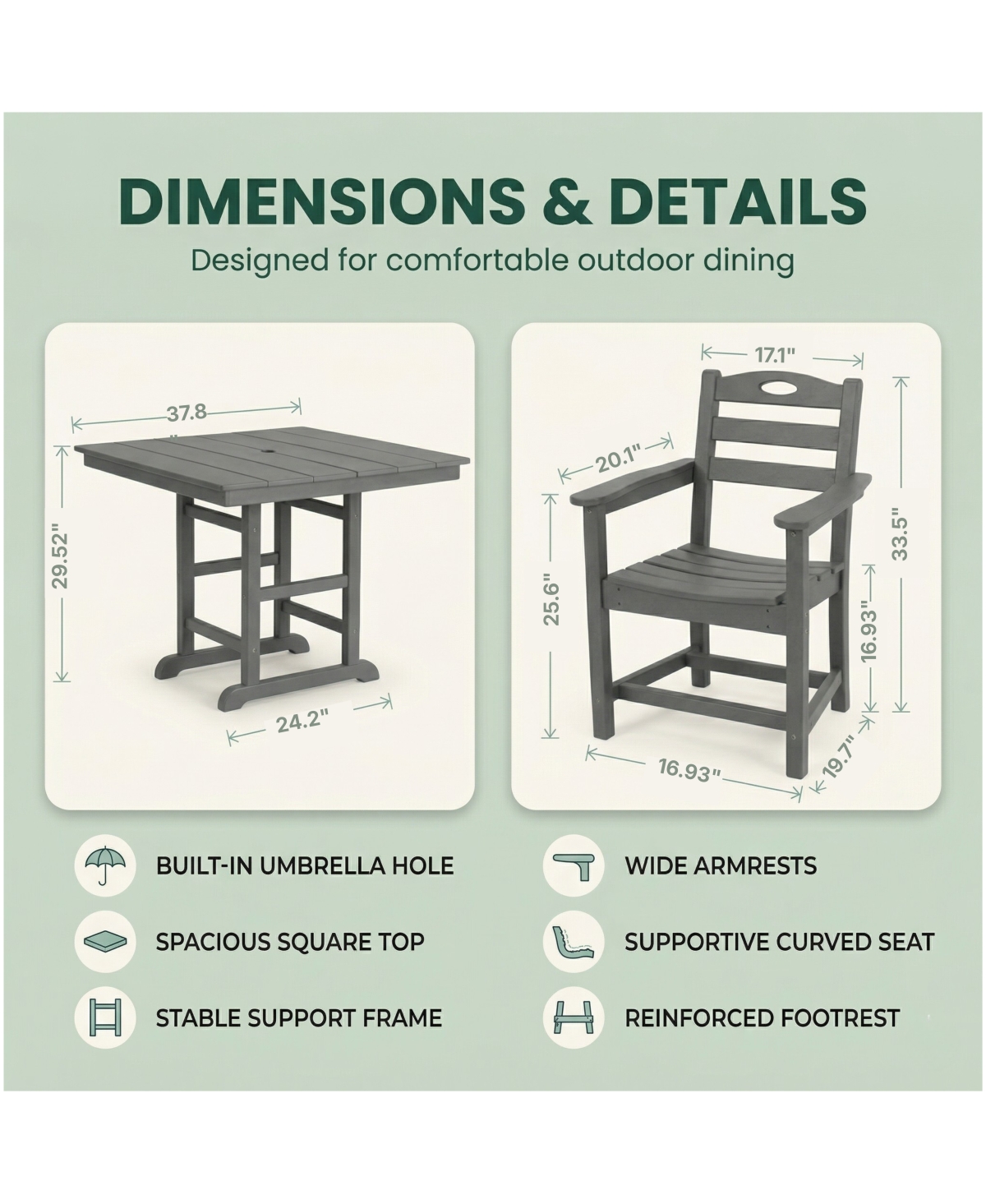 Streamdale Furniture Hdpe Outdoor Patio Dining Set with Square Table and Armchairs