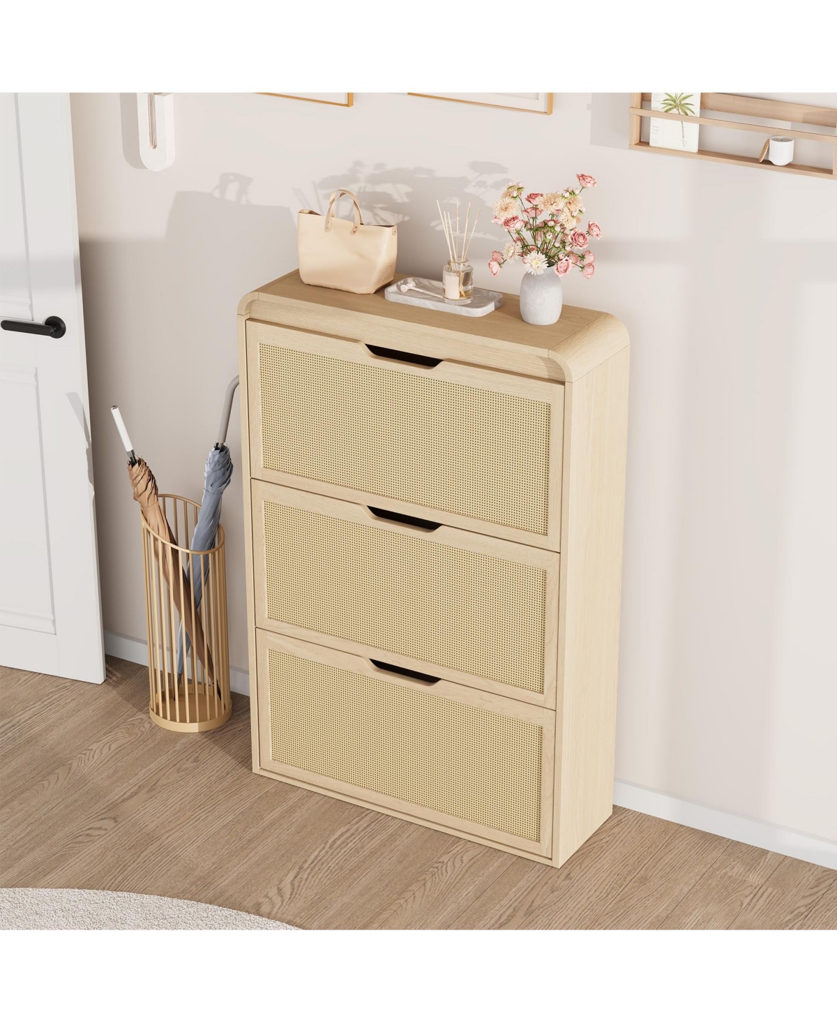 homfan Rattan Shoe Cabinet with 3 Flip Drawers, Slim and Narrow Wood Storage for Entryway, Adjustable Removable Shelves, Boho Hallway Organizer