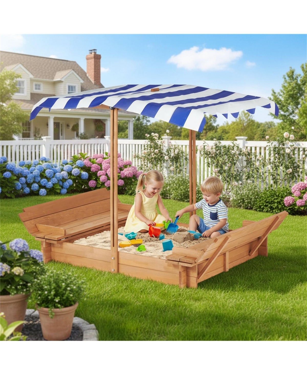 Clihome 46" Wooden Sand Box With 2 Foldable Bench Seats, Kids Sandbox With Adjustable Cover