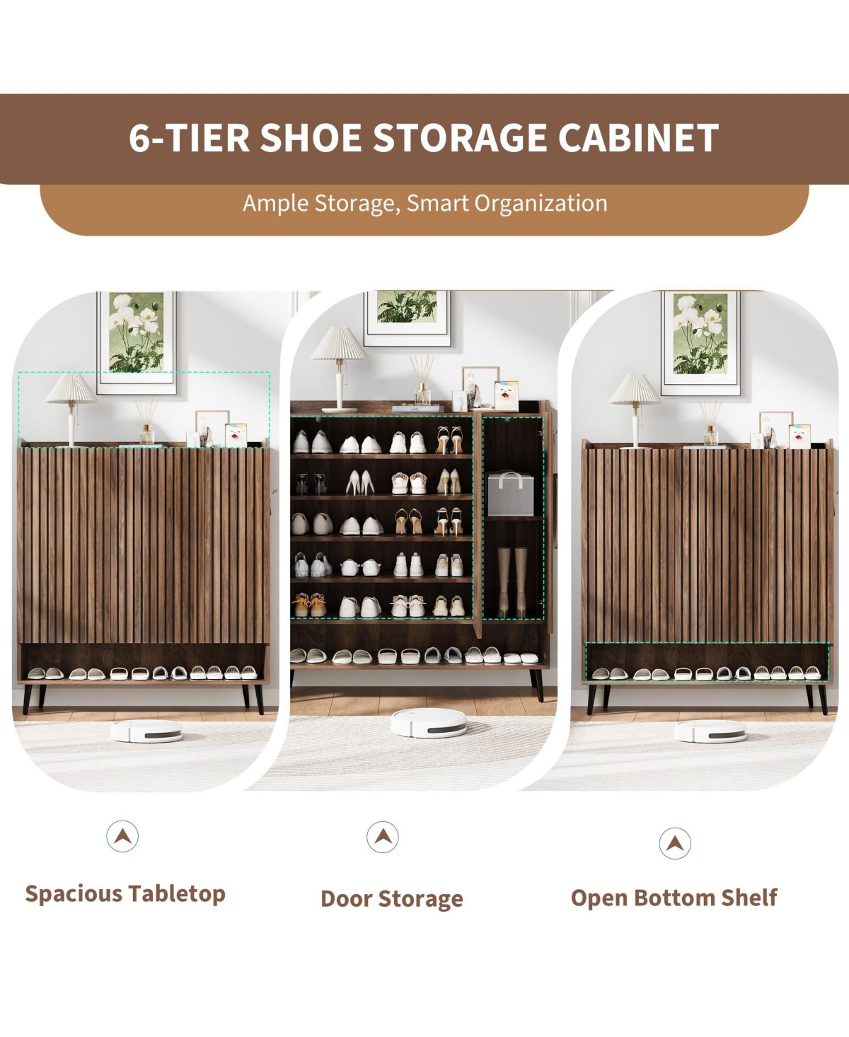 homfan Large Shoe Cabinet with Doors, 3 Door Storage Adjustable Shelves and Hooks, 6 Tier Organizer for Entryway